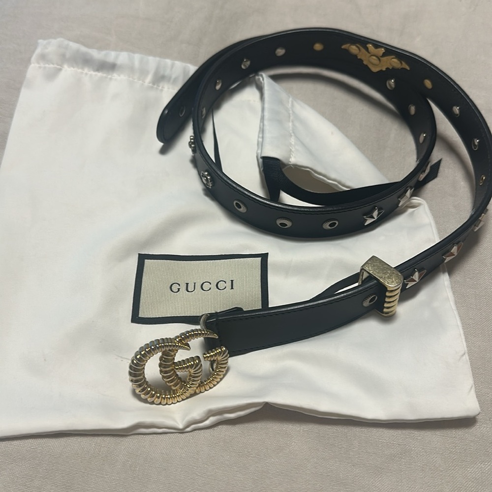 Gucci black leather belt with torch on double g buckle limited edition